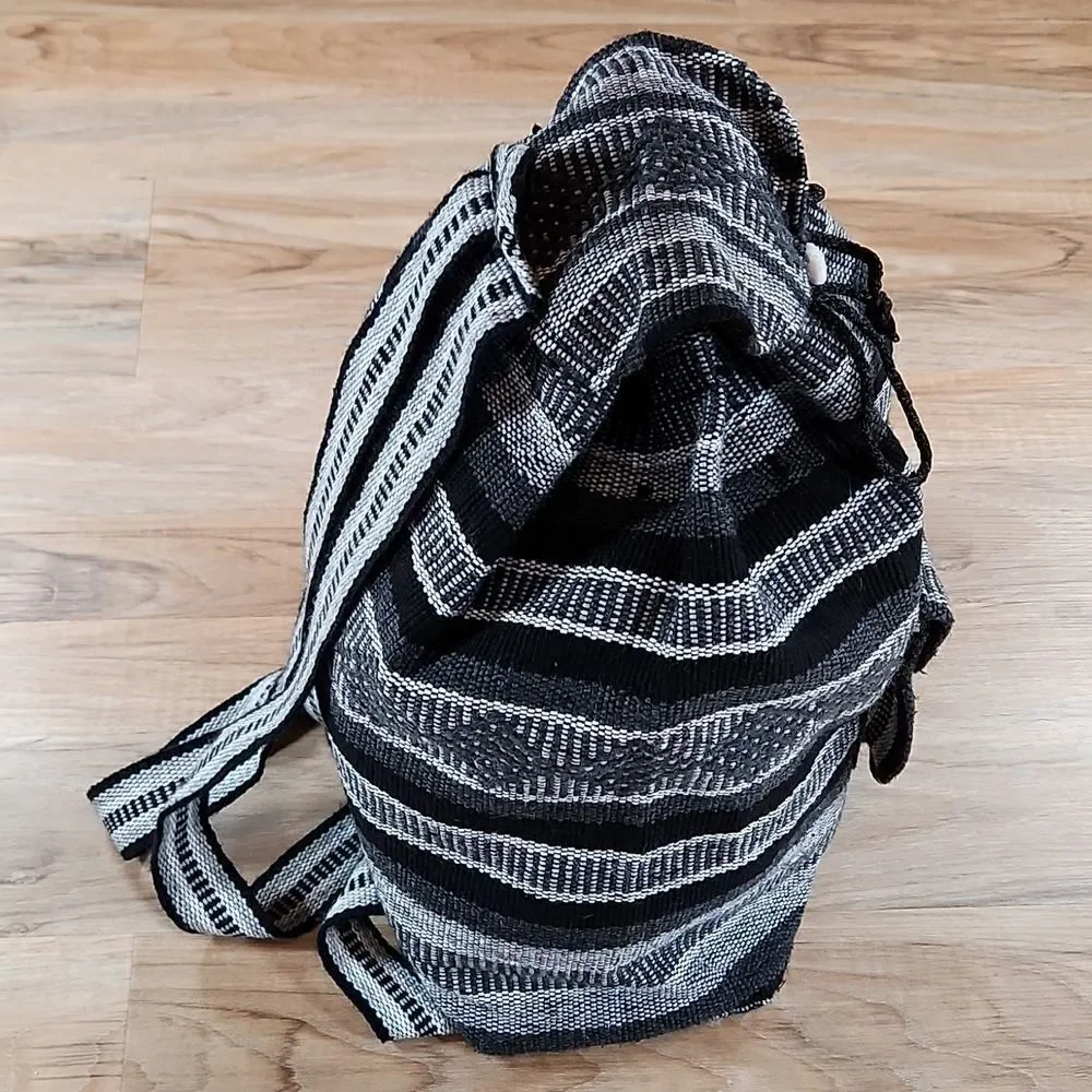 EUC Blk/Gray Striped Blanket Drawstring Backpack
